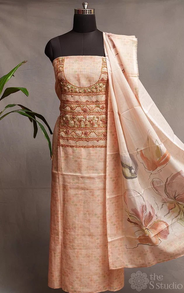 Peach printed kota cotton salwar suit with neck pattern hand embroidery