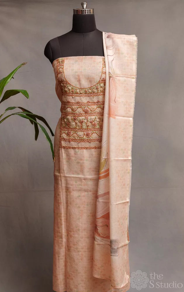 Peach printed kota cotton salwar suit with neck pattern hand embroidery