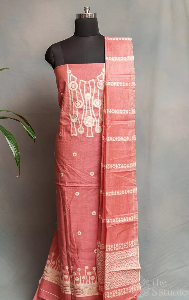 Peach chanderi cotton salwar suit with jamdani style neck pattern & border