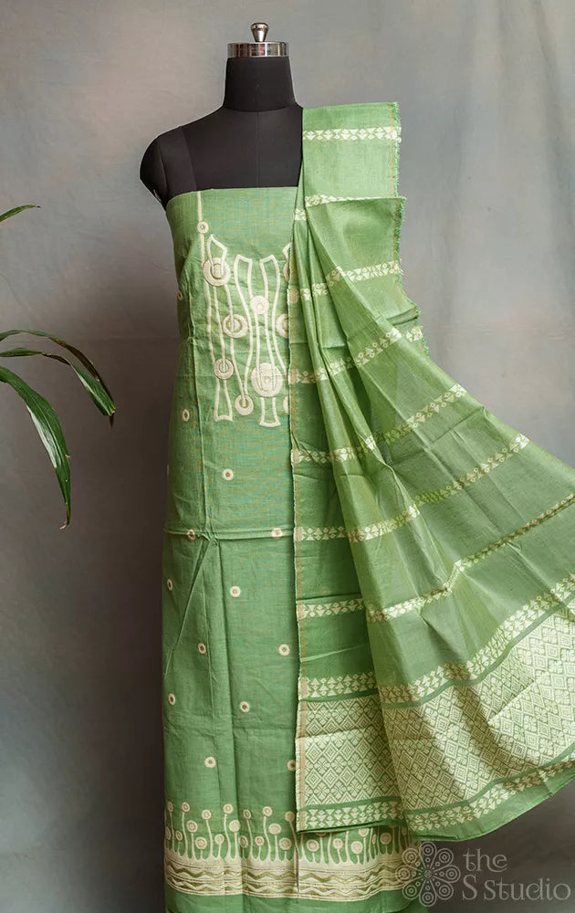 Green chanderi cotton salwar set with jamdani neck pattern & border