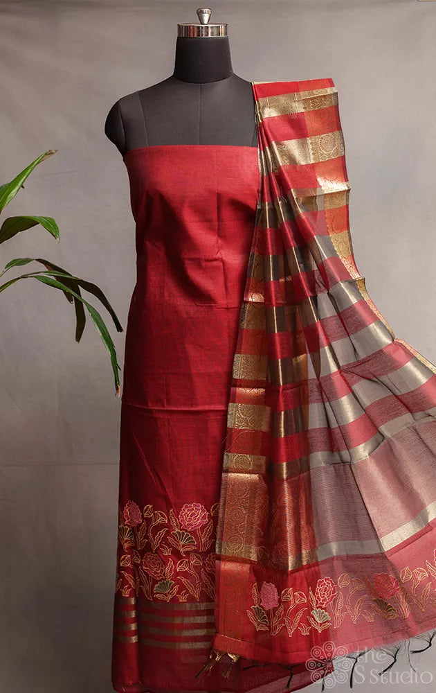Maroon chanderi cotton salwar suit with embroidery and dupatta