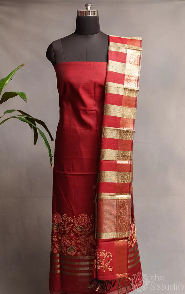 Maroon chanderi cotton salwar suit with embroidery and dupatta