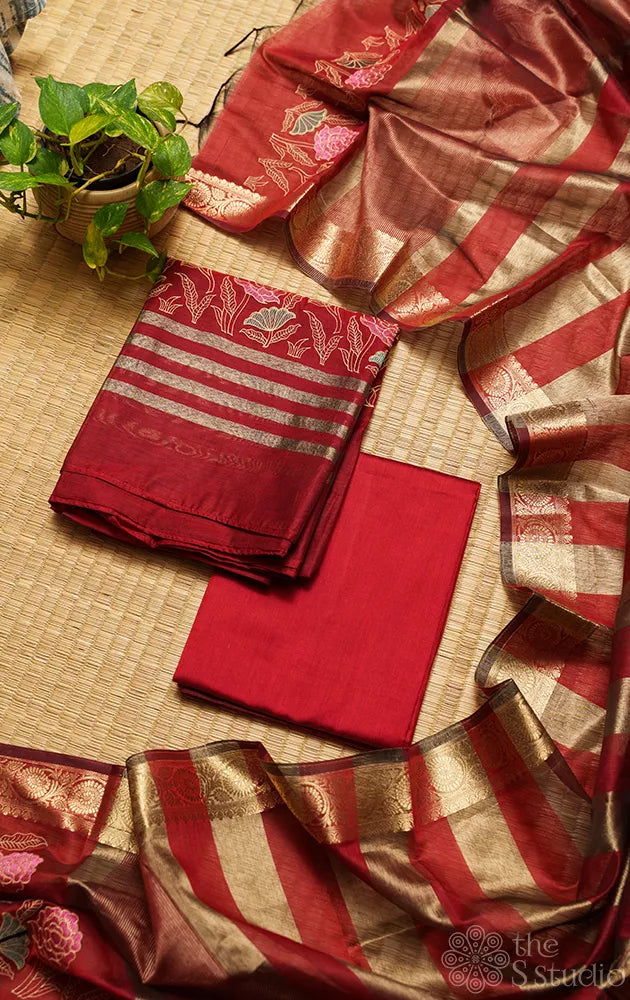 Maroon chanderi cotton salwar suit with embroidery and dupatta