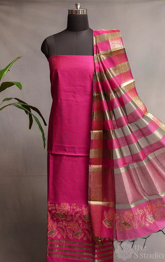 Magenta chanderi cotton salwar set with floral embroidery
