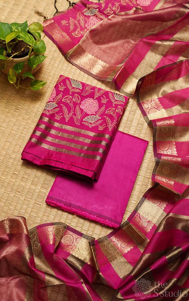 Magenta chanderi cotton salwar set with floral embroidery