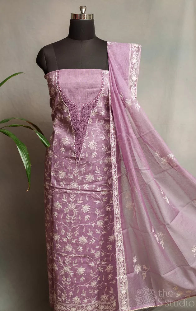 Light lavender hand embroidered kota cotton salwar suit
