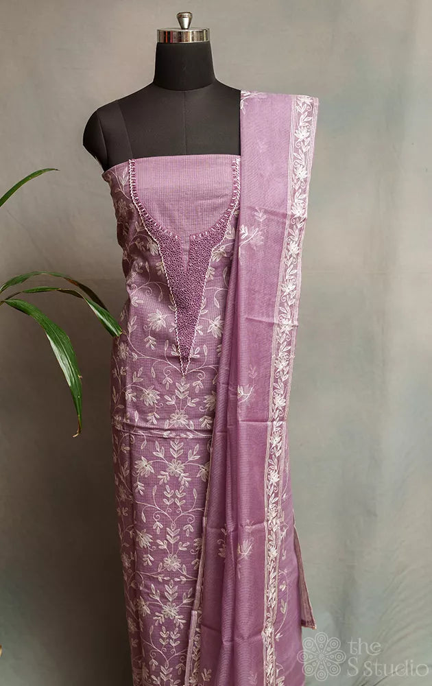 Light lavender hand embroidered kota cotton salwar suit