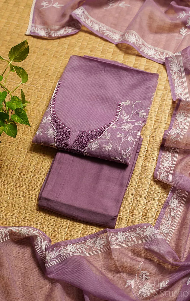 Light lavender hand embroidered kota cotton salwar suit