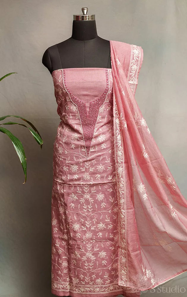 Onion pink hand embroidered kota cotton salwar suit