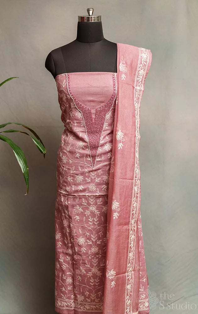Onion pink hand embroidered kota cotton salwar suit