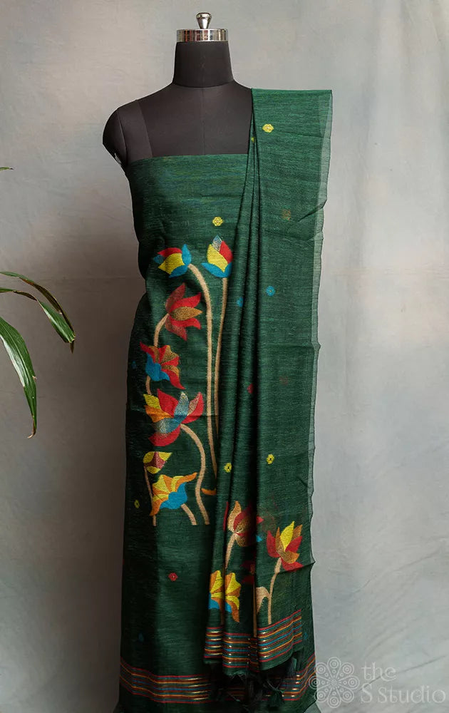 Bottle green linen cotton salwar set with jamdani floral weave