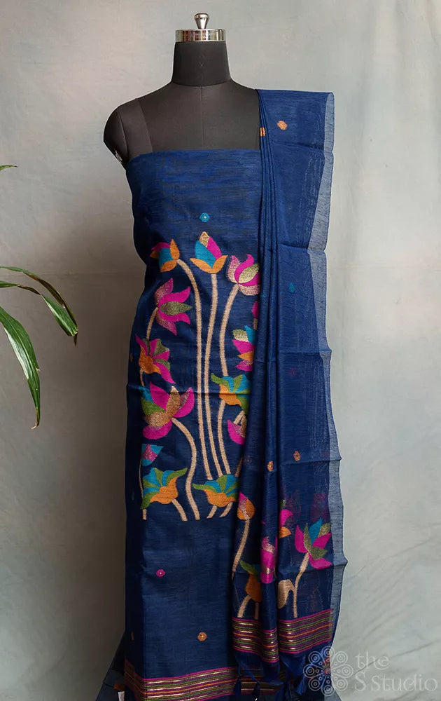 Blue linen cotton salwar suit with jamdani floral weave