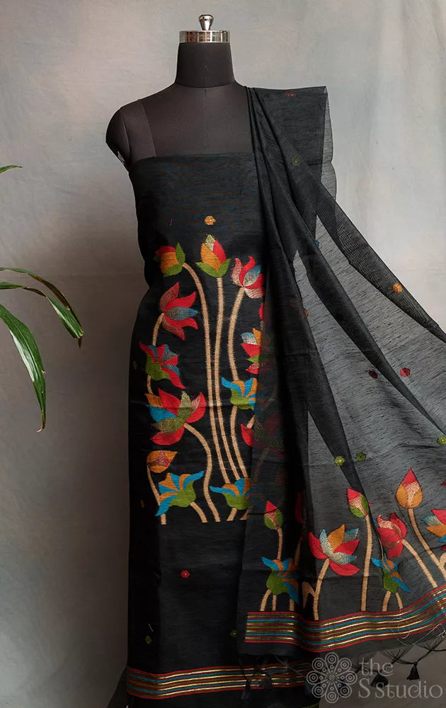 Black linen cotton salwar suit with jamdani floral weave