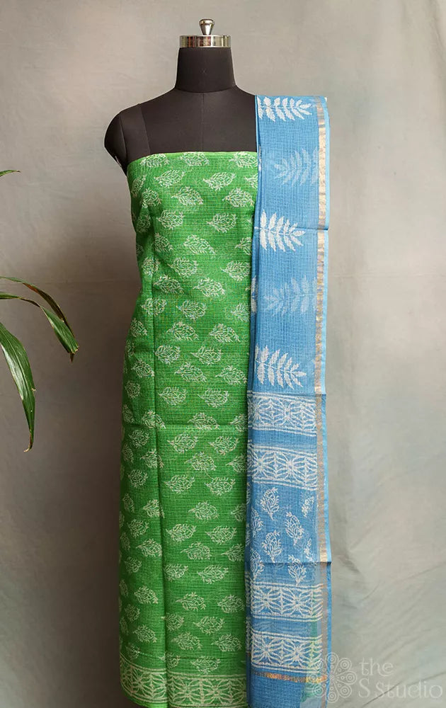 Green kota cotton salwar suit with contrast blue kota dupatta