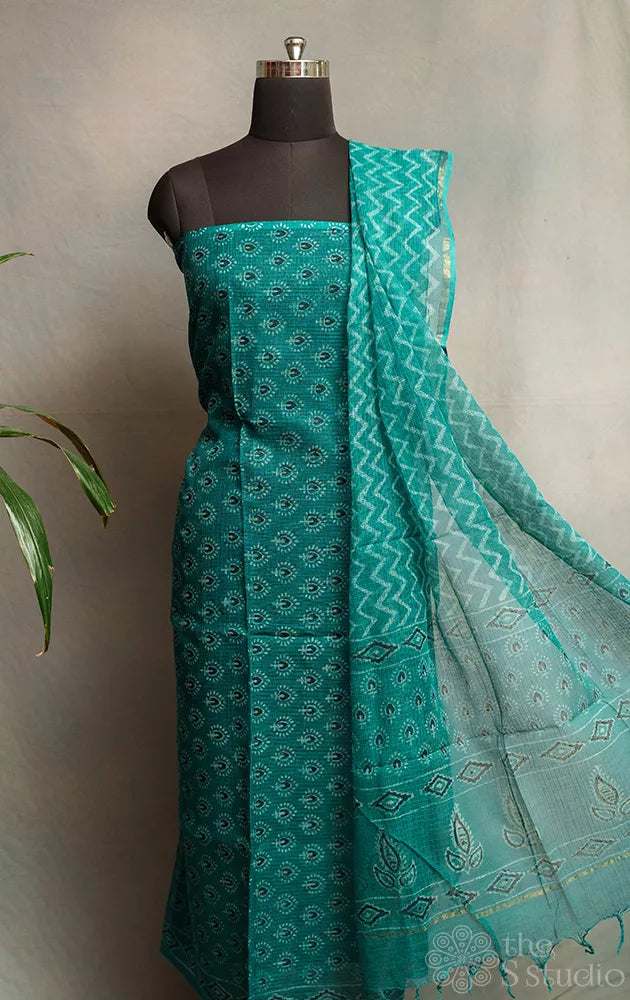 Teal green kota cotton printed salwar set with matching dupatta