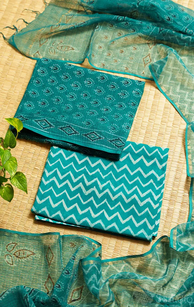 Teal green kota cotton printed salwar set with matching dupatta