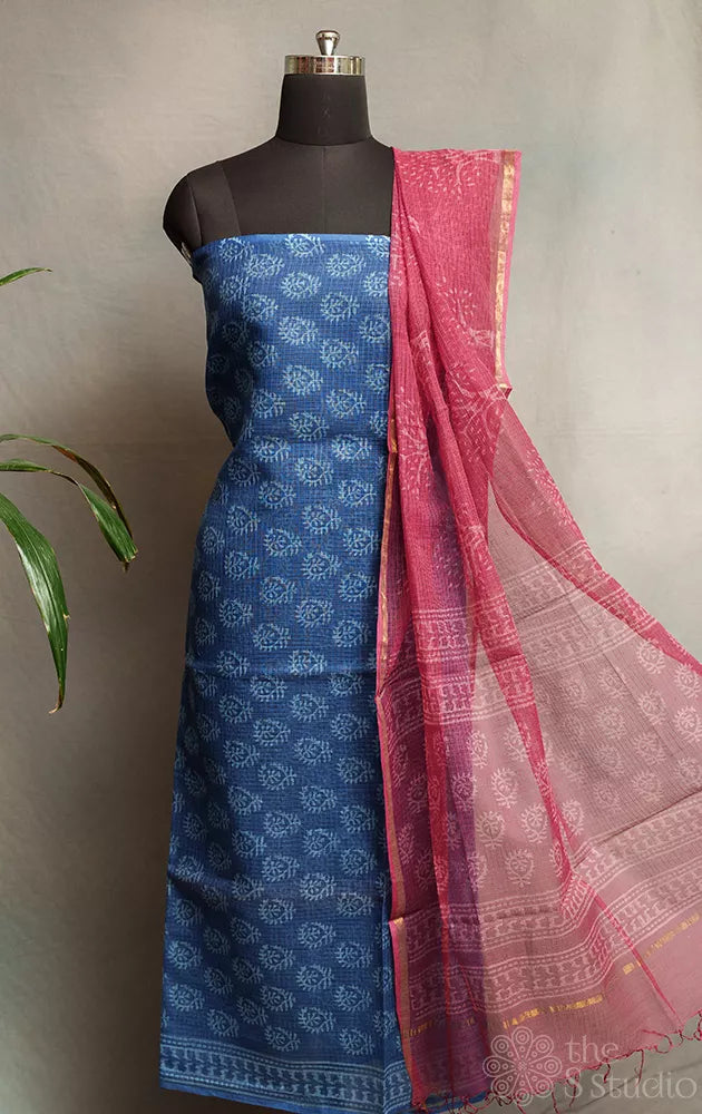 Blue kota cotton salwar suit with contrast brown kota dupatta