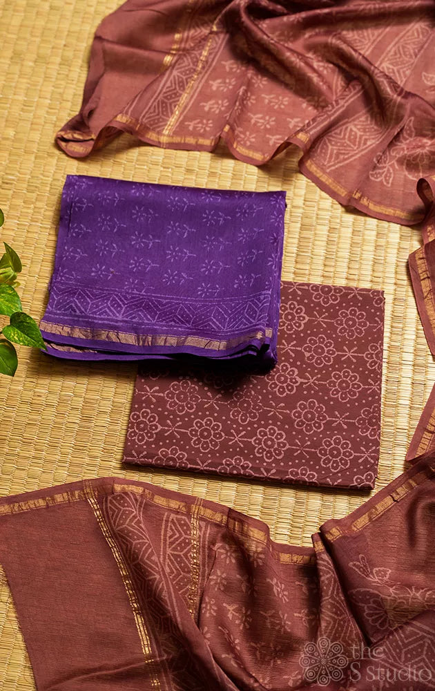 Violet chanderi silk cotton salwar set with brown dupatta