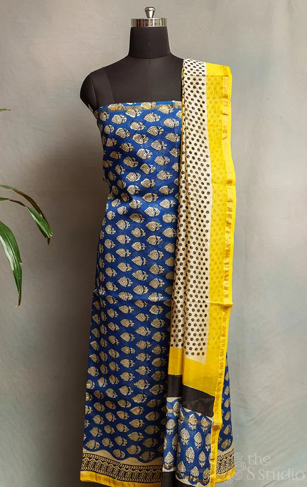 Blue and white printed chanderi silk cotton salwar suit