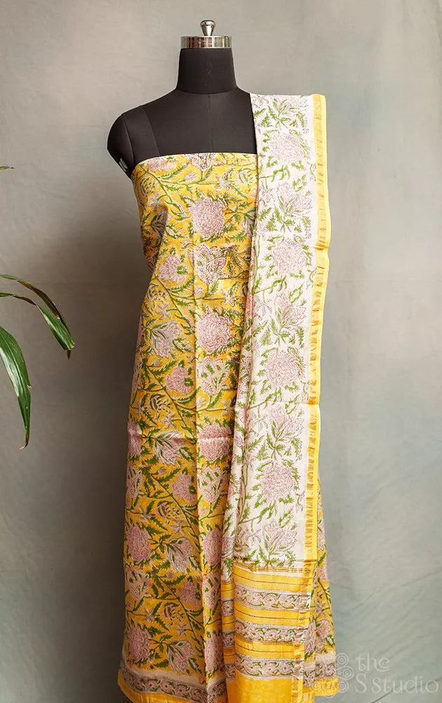 Yellow and white floral printed chanderi silk cotton salwar set