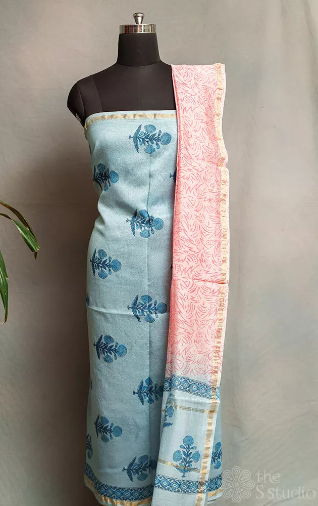 Light blue chanderi silk cotton salwar suit with pink dupatta