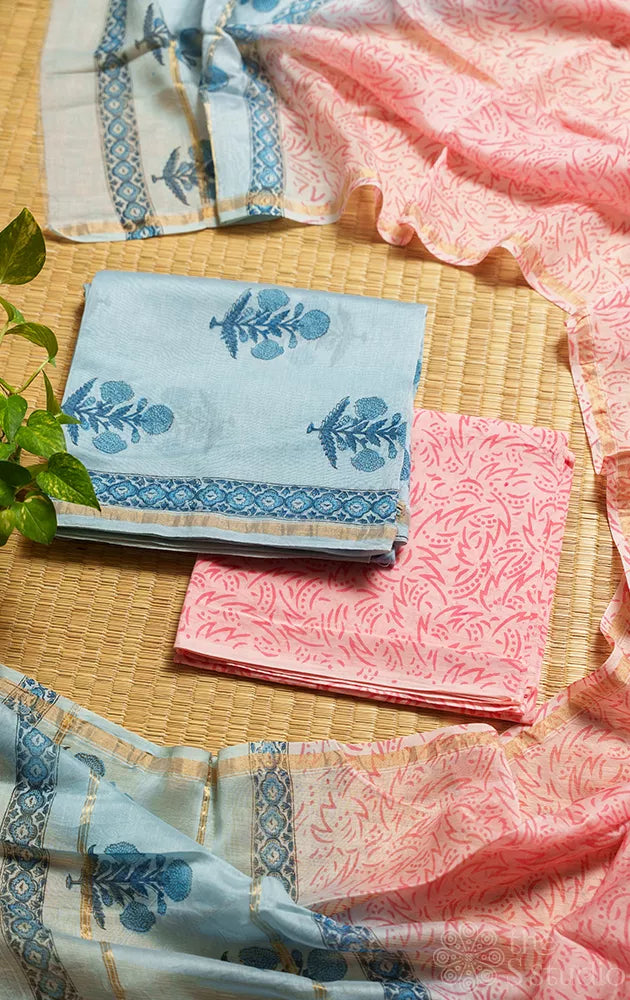 Light blue chanderi silk cotton salwar suit with pink dupatta