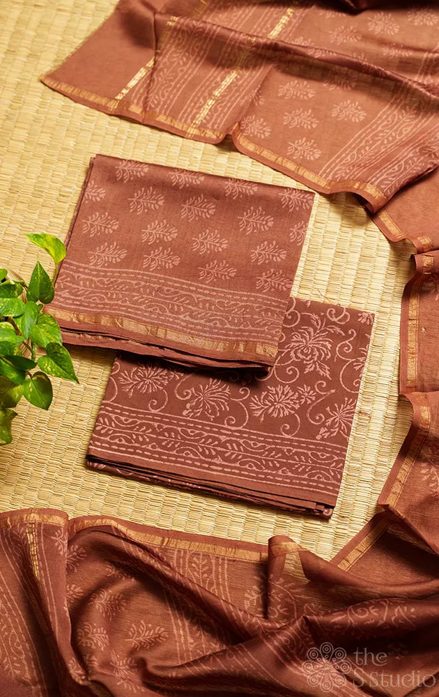 Brown chanderi silk cotton salwar set with matching dupatta