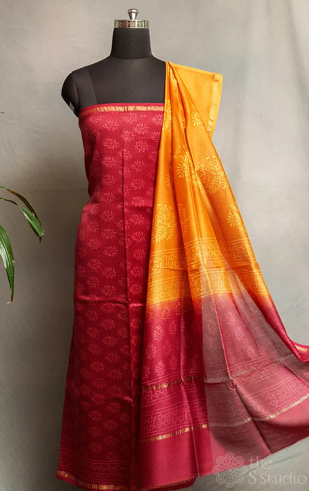 Maroon chanderi silk cotton salwar suit with contrast dual colour dupatta