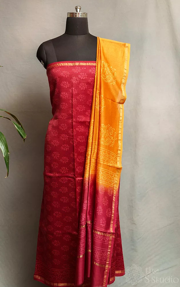 Maroon chanderi silk cotton salwar suit with contrast dual colour dupatta