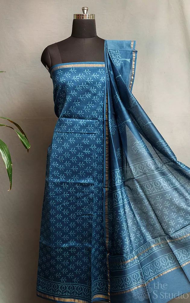 Blue chanderi silk cotton salwar set with matching dupatta