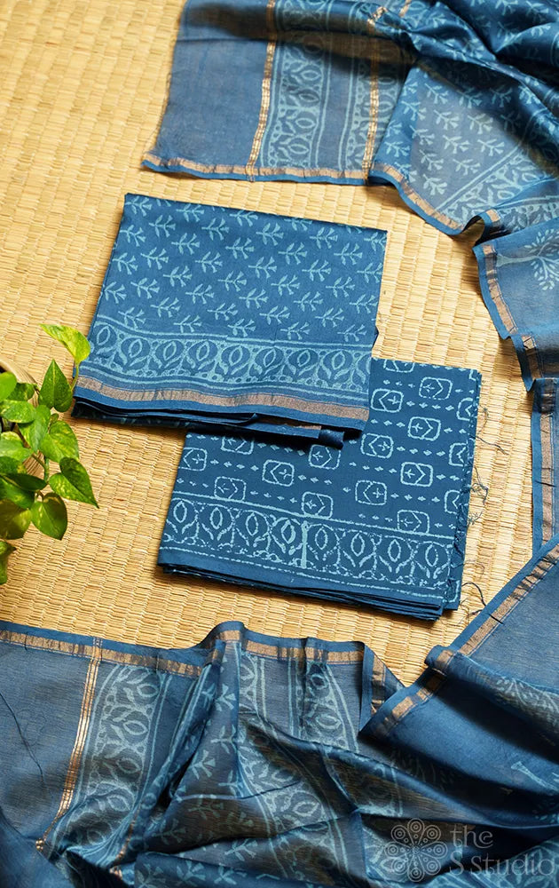 Blue chanderi silk cotton salwar set with matching dupatta