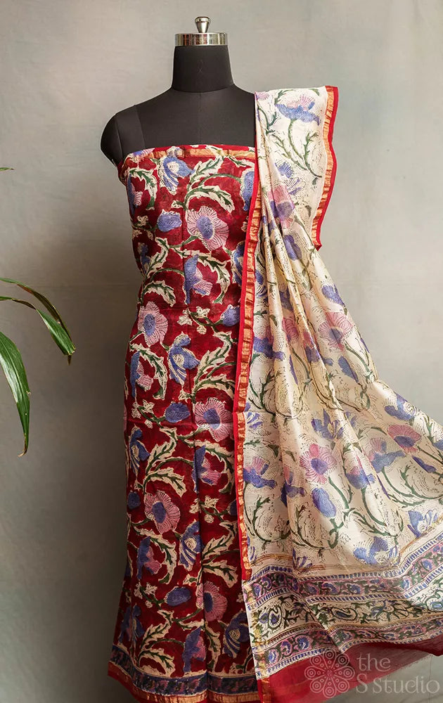 Maroon chanderi silk cotton salwar suit with contrast white dupatta