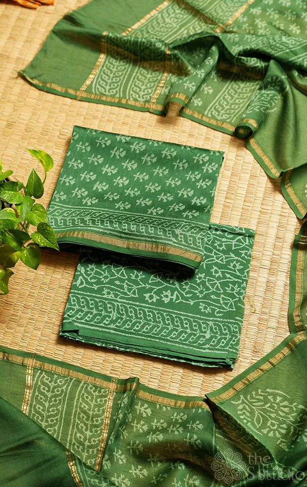 Green chanderi silk cotton salwar set with matching dupatta
