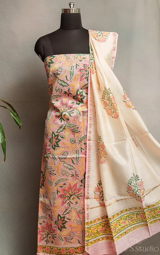 Pink chanderi silk cotton floral printed salwar suit with white dupatta