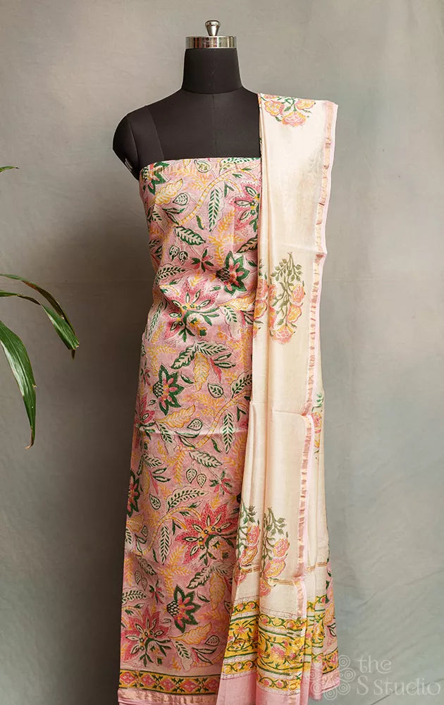 Pink chanderi silk cotton floral printed salwar suit with white dupatta