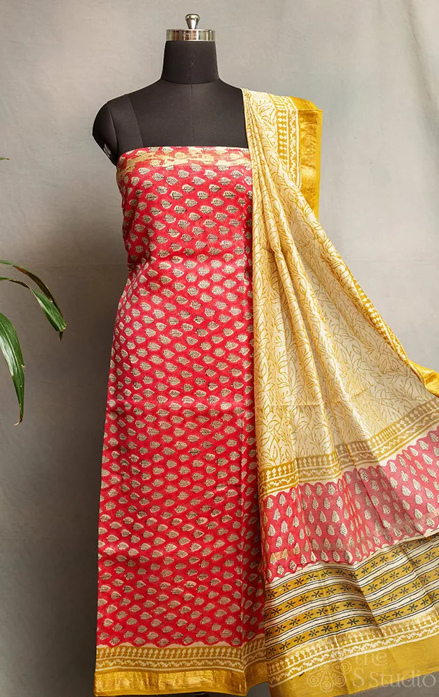 Peach printed maheshwari silk cotton salwar set with apple green dupatta