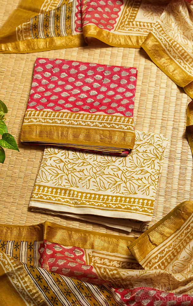 Peach printed maheshwari silk cotton salwar set with apple green dupatta