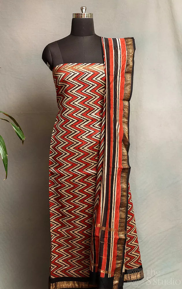 Brown with cream zig zag pattern printed maheshwari silk cotton salwar set