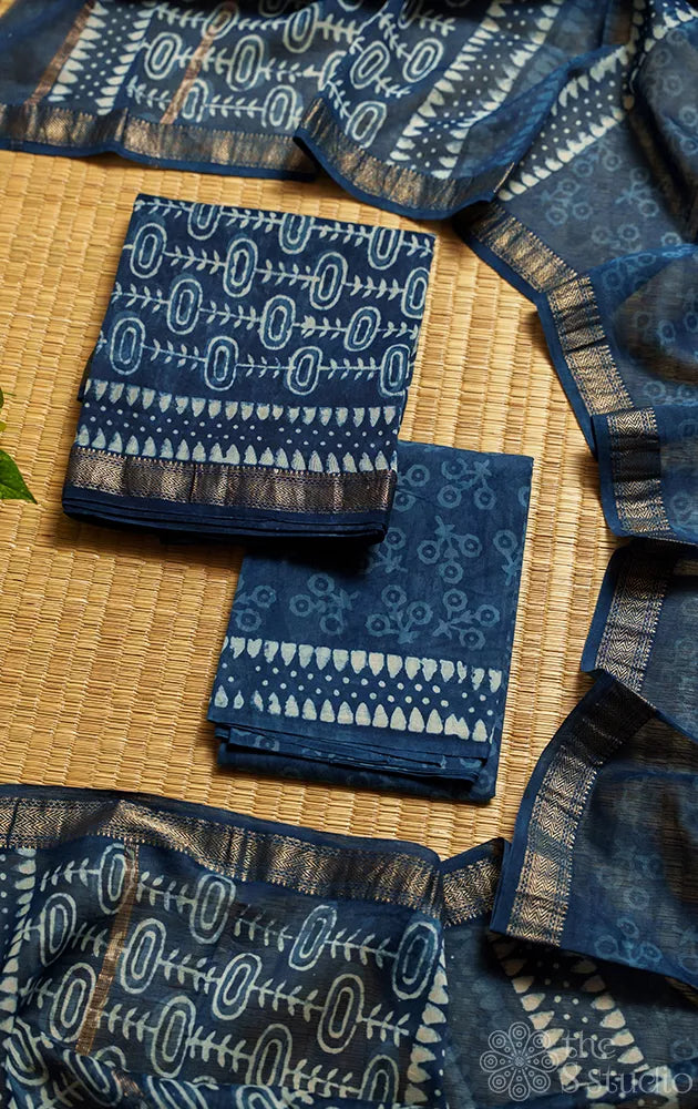 Blue maheshwari silk cotton salwar suit with matching dupatta