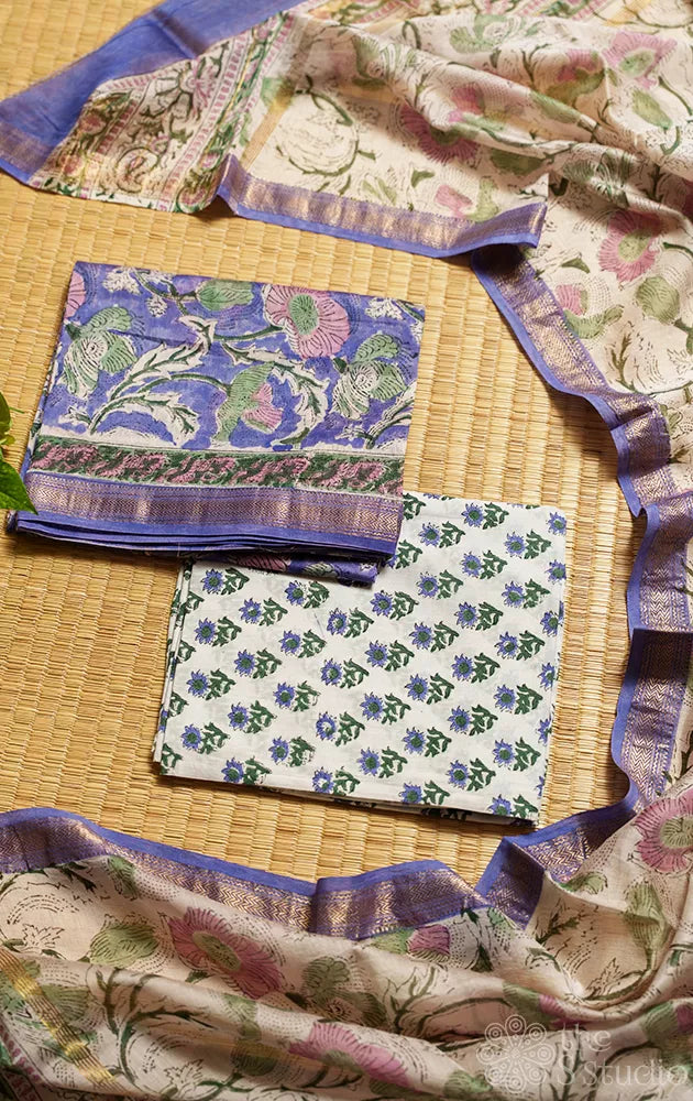 Violet maheshwari silk cotton floral printed salwar set with white dupatta