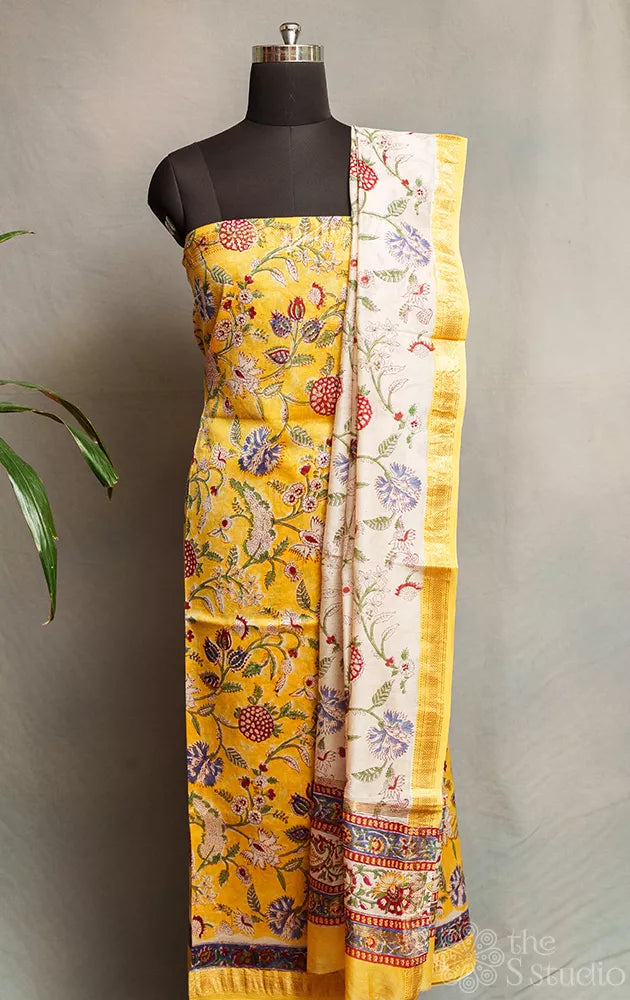 Yellow printed maheshwari silk cotton salwar set with white dupatta