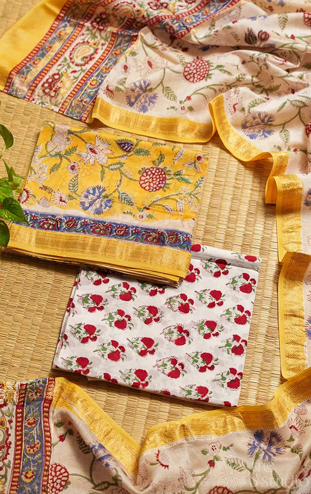 Yellow printed maheshwari silk cotton salwar set with white dupatta
