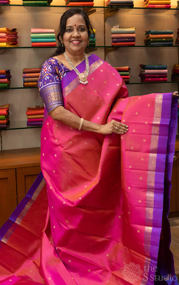 Lotus pink kanchipuram silk saree with purple small border and meenakari buttas