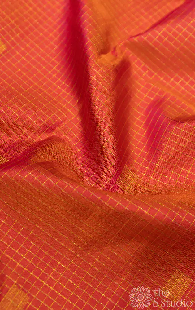 Peachish orange checked kanchi silk blouse material