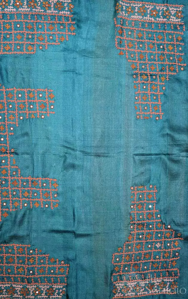 Rama blue tussar silk fabric with mirror work kutch embroidery