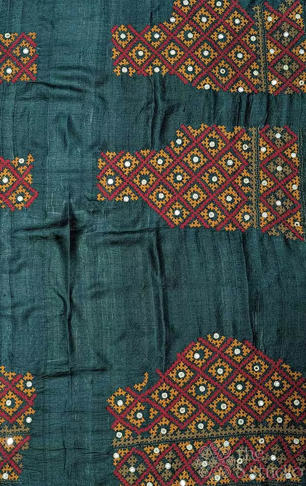 Dark green tussar silk fabric with mirror work kutch hand embroidery