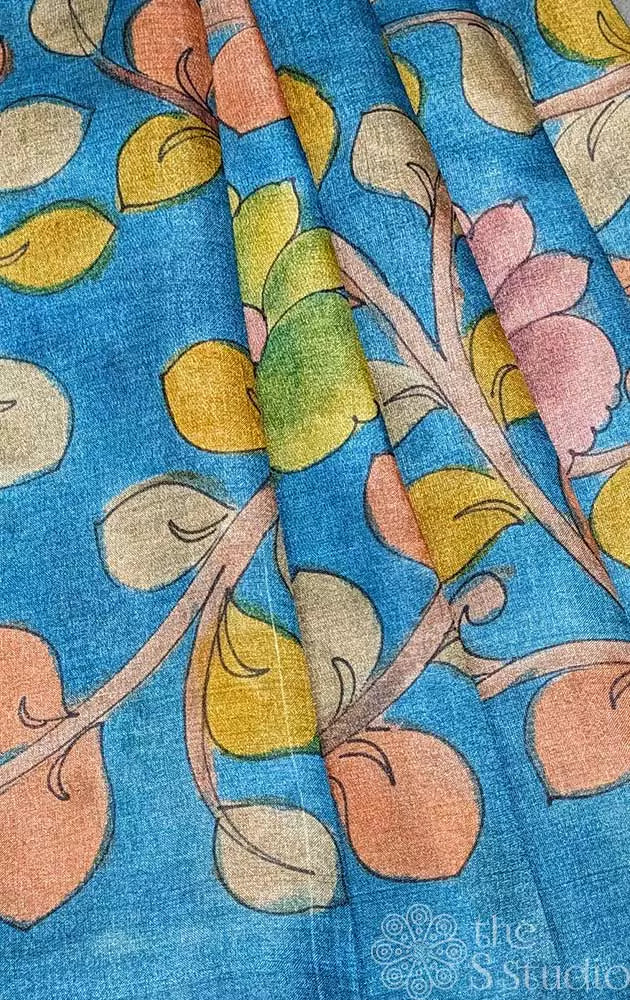 Blue handpainted pen kalamkari tussar material with multicolours