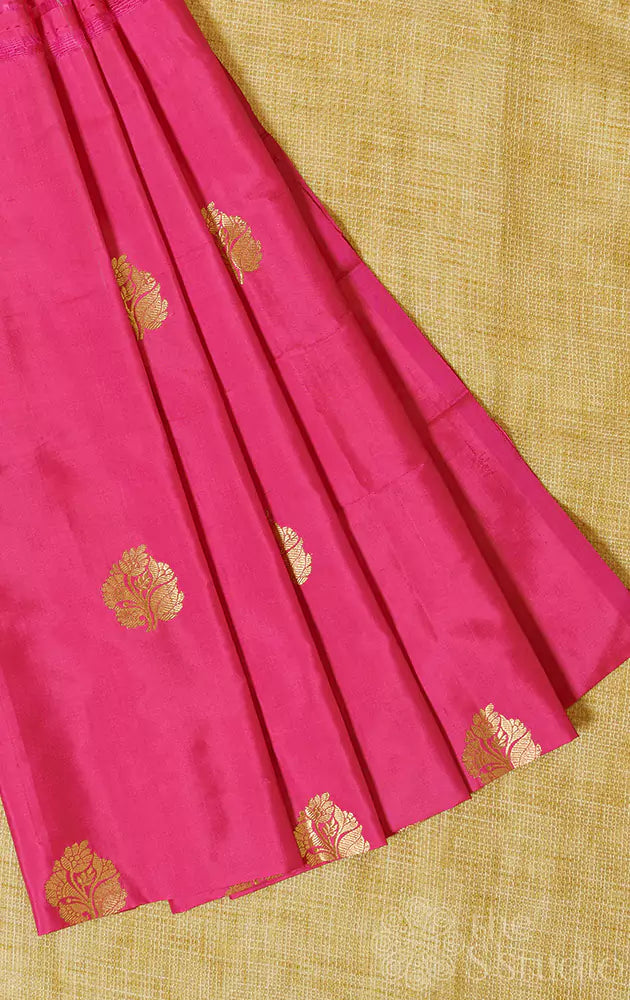 Lotus pink banarasi silk blouse fabric with floral zari buttas