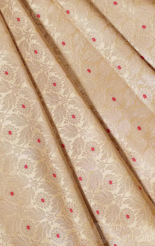 Gold colour banarasi silk blouse material with floral and meena zari brocade design