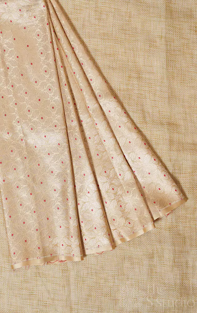 Gold colour banarasi silk blouse material with floral and meena zari brocade design